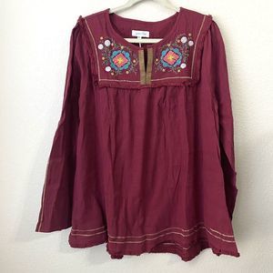 Grace Lace Blouse Top Womens Size XL Floral Embroidered Boho Popover Maroon New